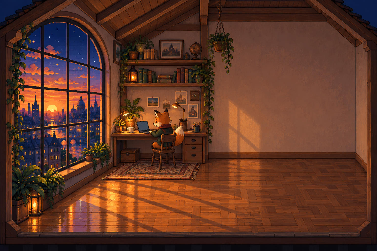 A fox working in a tiny loft with a blue night sky and a warm wooden floor